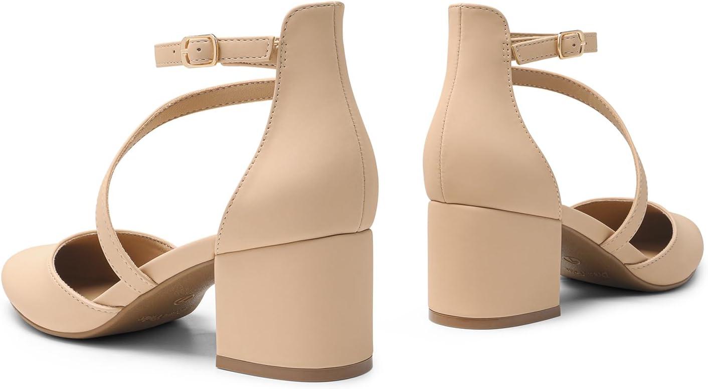 imageDREAM PAIRS Womens Closed Pointed Toe Low Chunky Heels Pumps Ankle Strap Wedding Business Dressy ShoesNudenubuck