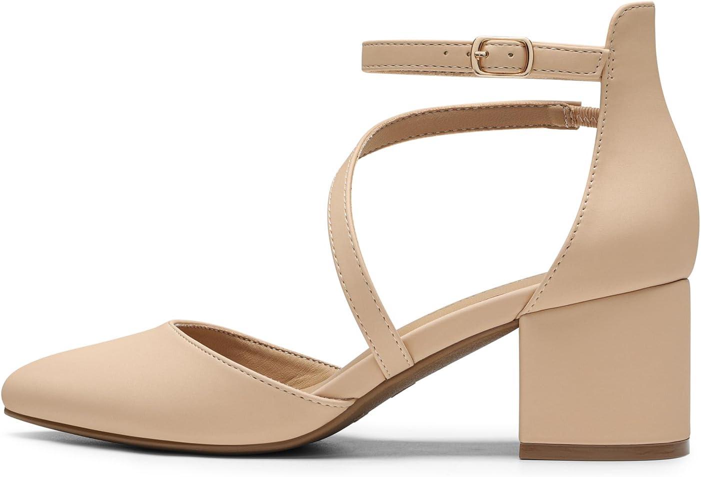 imageDREAM PAIRS Womens Closed Pointed Toe Low Chunky Heels Pumps Ankle Strap Wedding Business Dressy ShoesNudenubuck