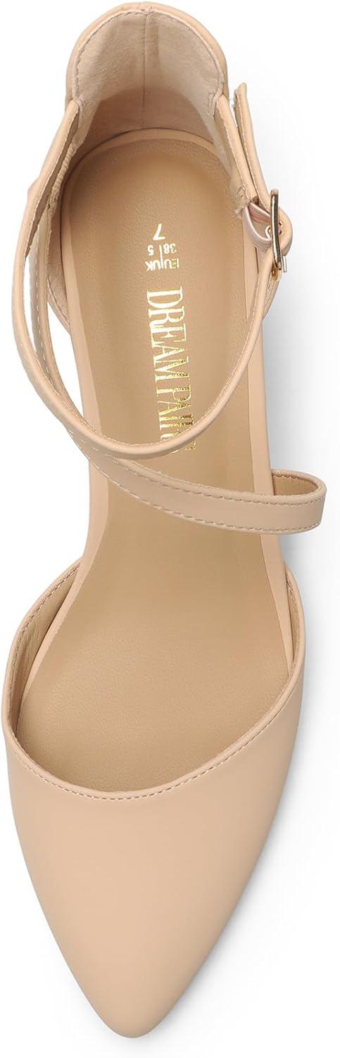 imageDREAM PAIRS Womens Closed Pointed Toe Low Chunky Heels Pumps Ankle Strap Wedding Business Dressy ShoesNudenubuck