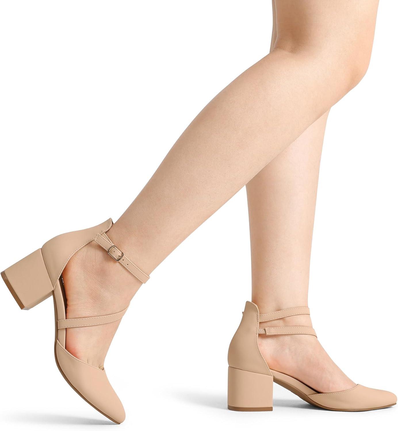 imageDREAM PAIRS Womens Closed Pointed Toe Low Chunky Heels Pumps Ankle Strap Wedding Business Dressy ShoesNudenubuck
