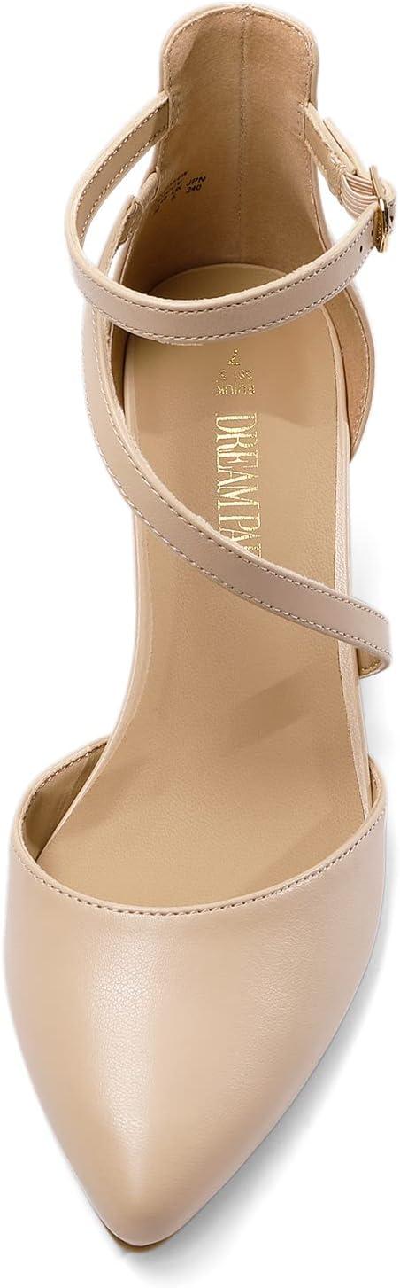 imageDREAM PAIRS Womens Closed Pointed Toe Low Chunky Heels Pumps Ankle Strap Wedding Business Dressy ShoesNudepu