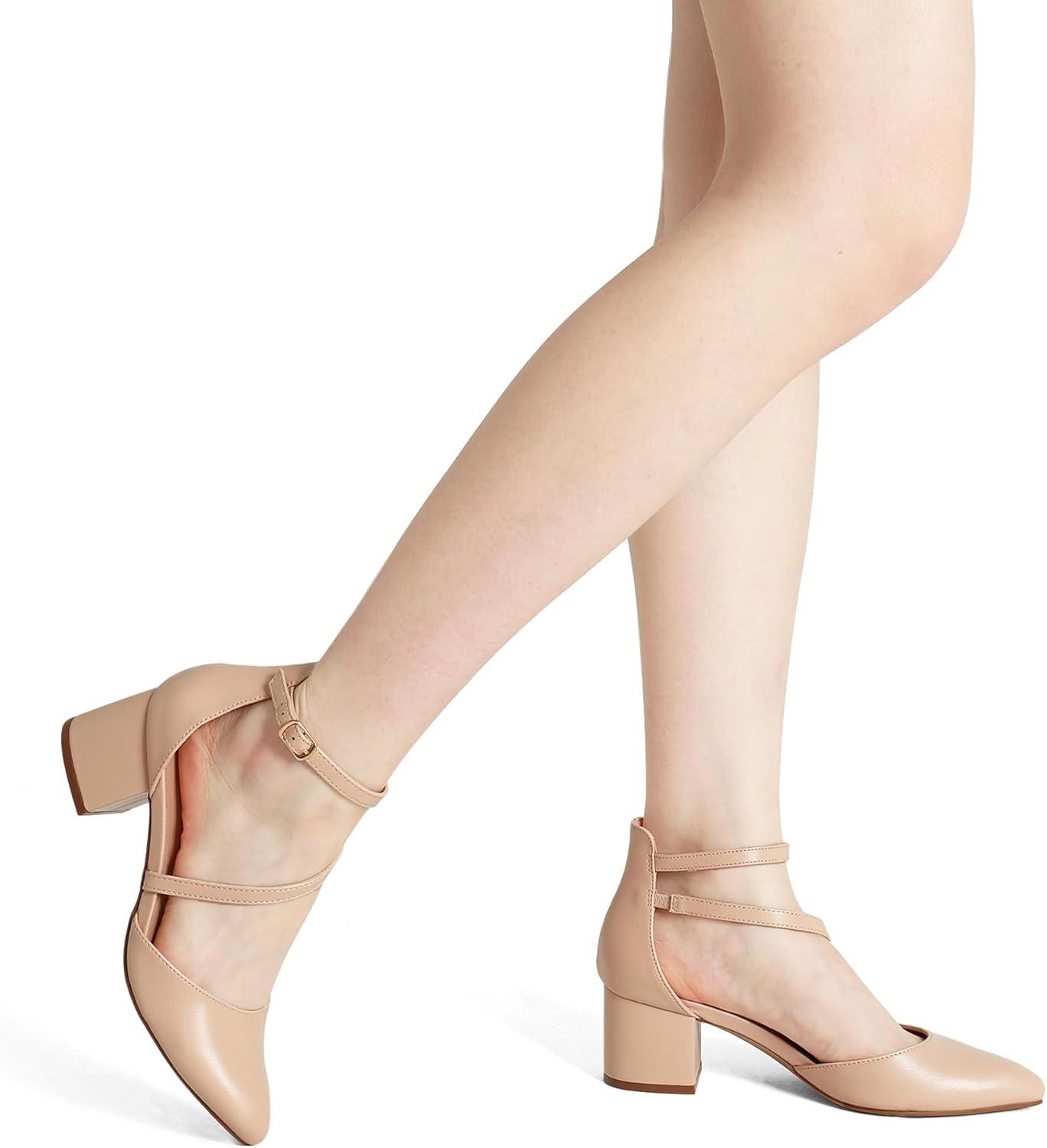 imageDREAM PAIRS Womens Closed Pointed Toe Low Chunky Heels Pumps Ankle Strap Wedding Business Dressy ShoesNudepu