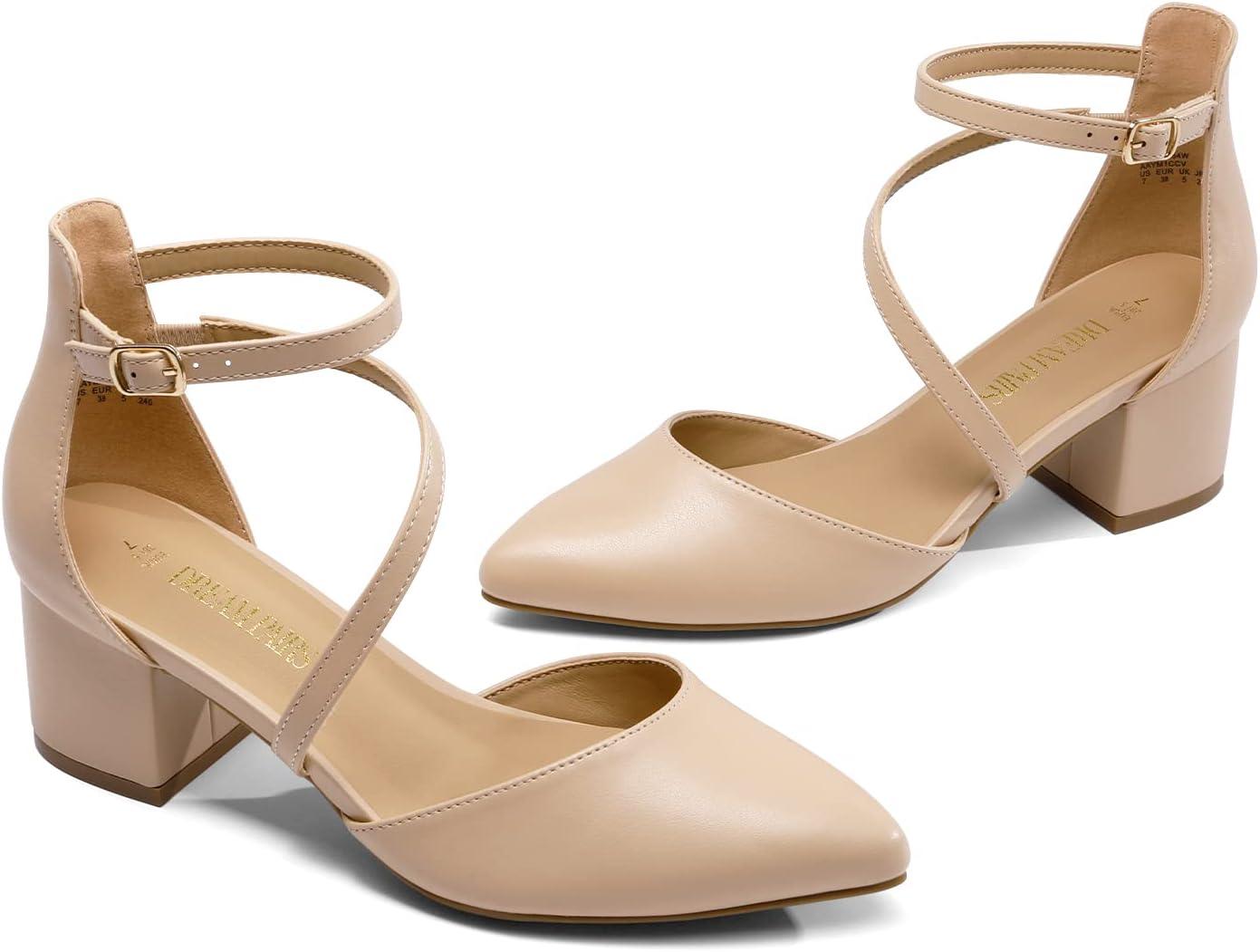 imageDREAM PAIRS Womens Closed Pointed Toe Low Chunky Heels Pumps Ankle Strap Wedding Business Dressy ShoesNudepu