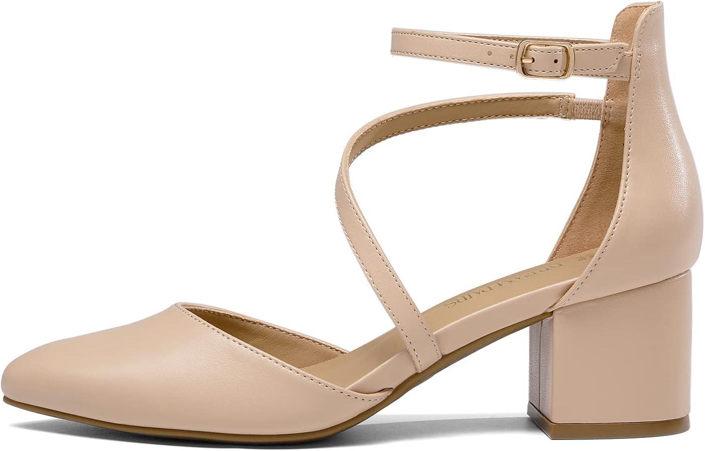 imageDREAM PAIRS Womens Closed Pointed Toe Low Chunky Heels Pumps Ankle Strap Wedding Business Dressy ShoesNudepu