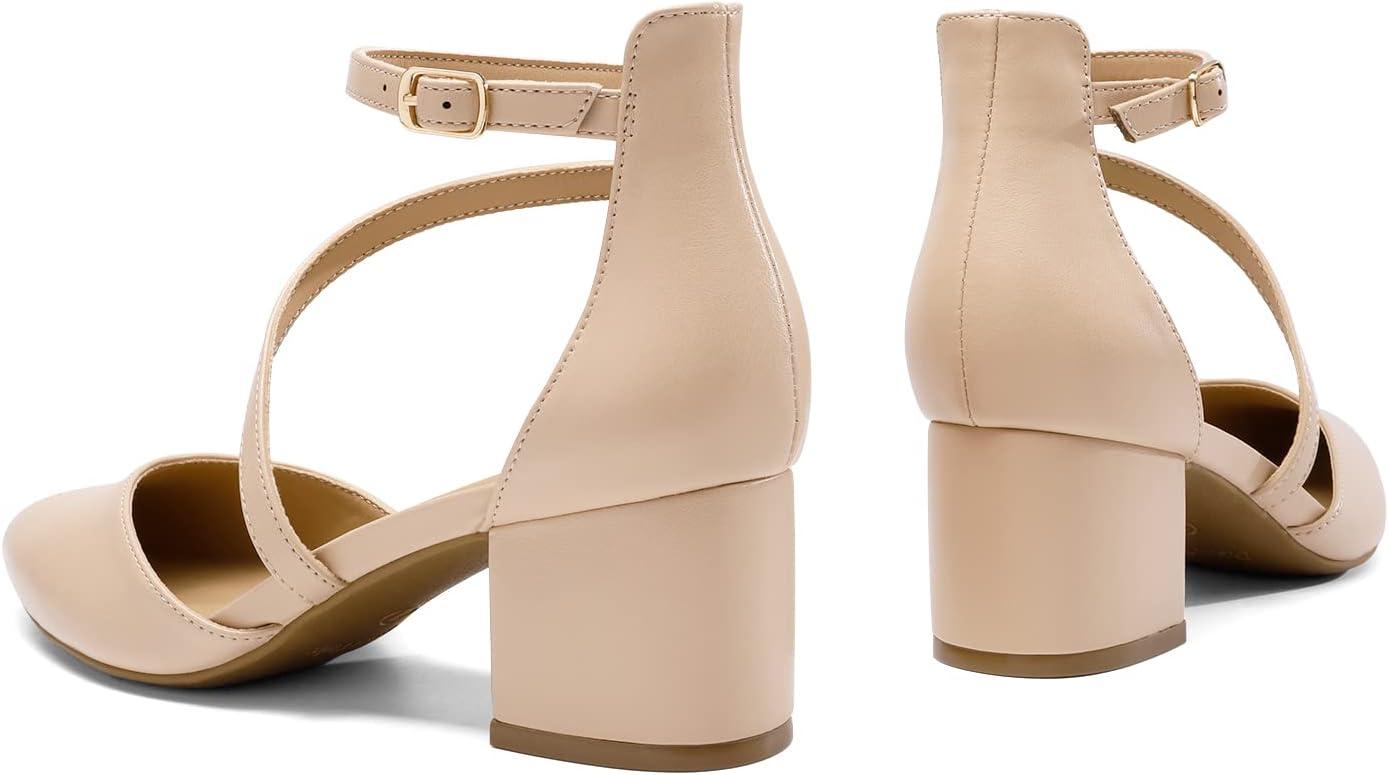 imageDREAM PAIRS Womens Closed Pointed Toe Low Chunky Heels Pumps Ankle Strap Wedding Business Dressy ShoesNudepu