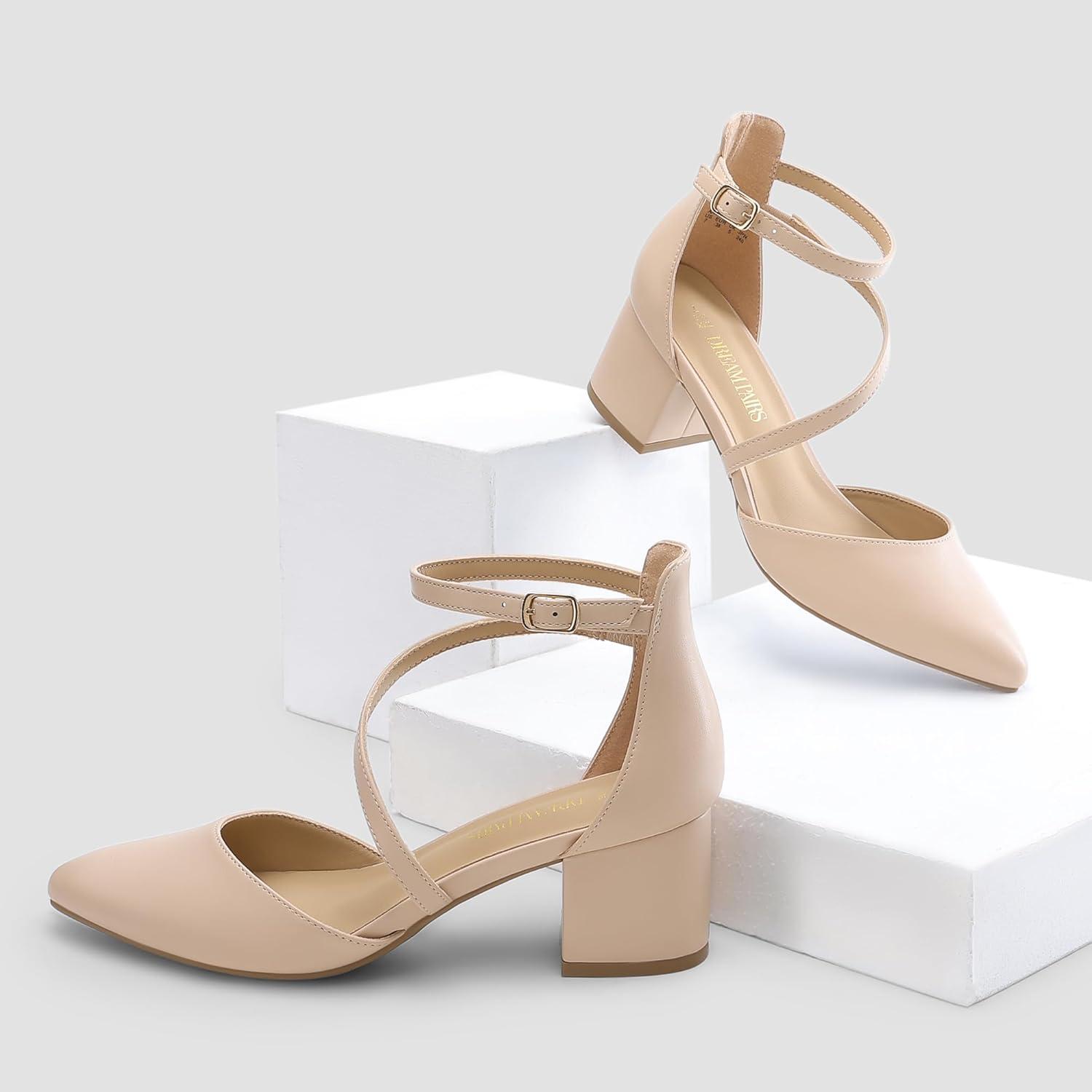 imageDREAM PAIRS Womens Closed Pointed Toe Low Chunky Heels Pumps Ankle Strap Wedding Business Dressy ShoesNudepu