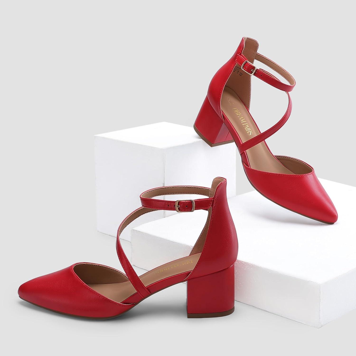 imageDREAM PAIRS Womens Closed Pointed Toe Low Chunky Heels Pumps Ankle Strap Wedding Business Dressy ShoesRedpu