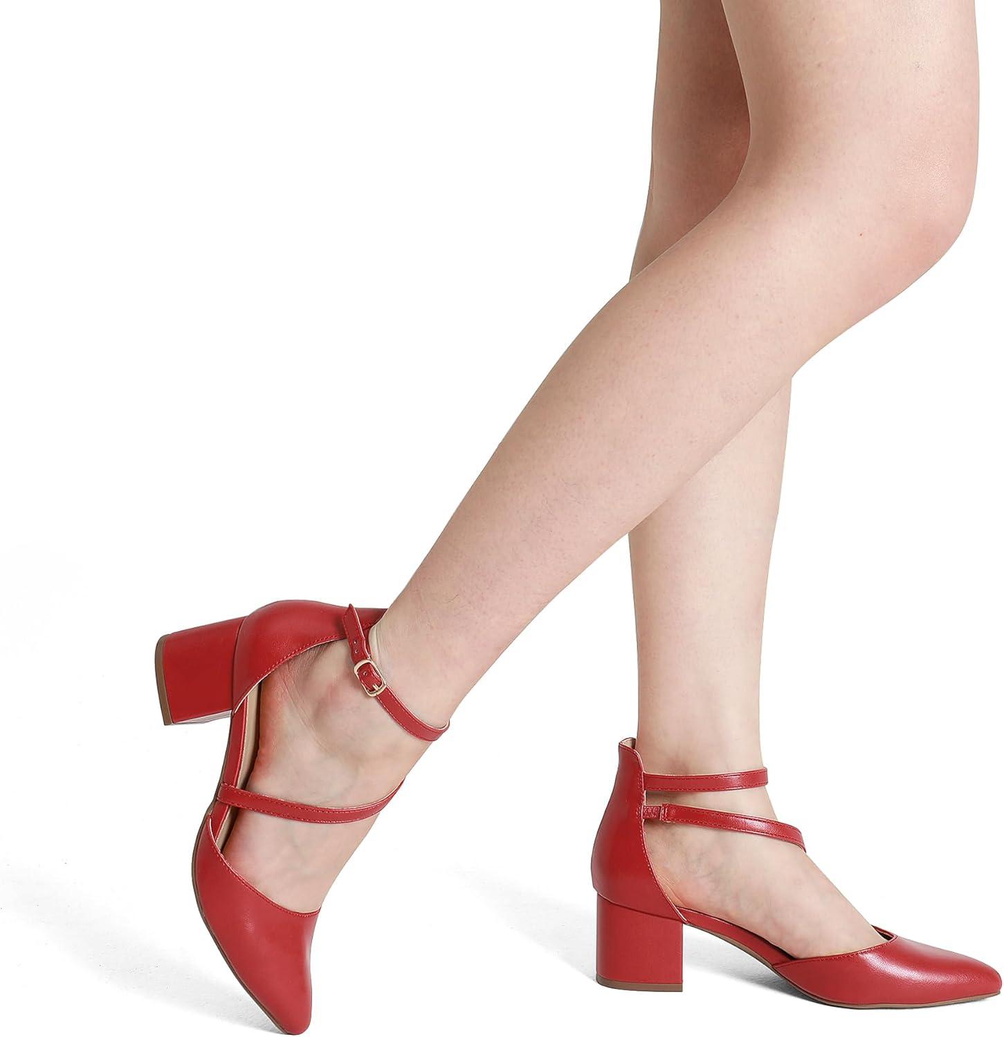 imageDREAM PAIRS Womens Closed Pointed Toe Low Chunky Heels Pumps Ankle Strap Wedding Business Dressy ShoesRedpu