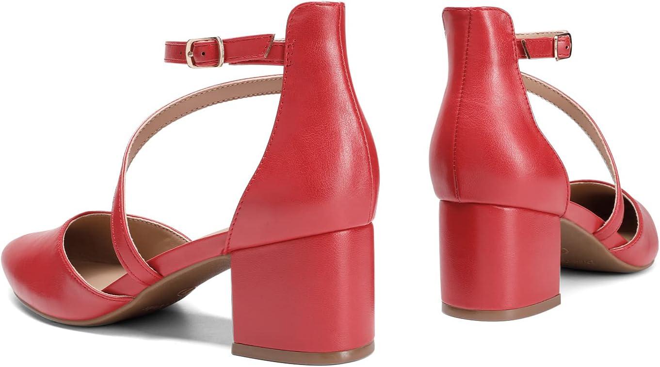 imageDREAM PAIRS Womens Closed Pointed Toe Low Chunky Heels Pumps Ankle Strap Wedding Business Dressy ShoesRedpu