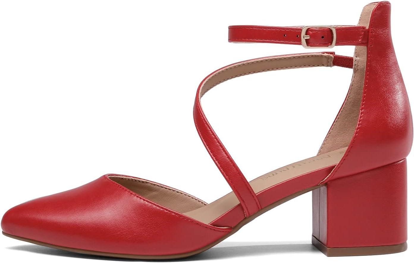 imageDREAM PAIRS Womens Closed Pointed Toe Low Chunky Heels Pumps Ankle Strap Wedding Business Dressy ShoesRedpu