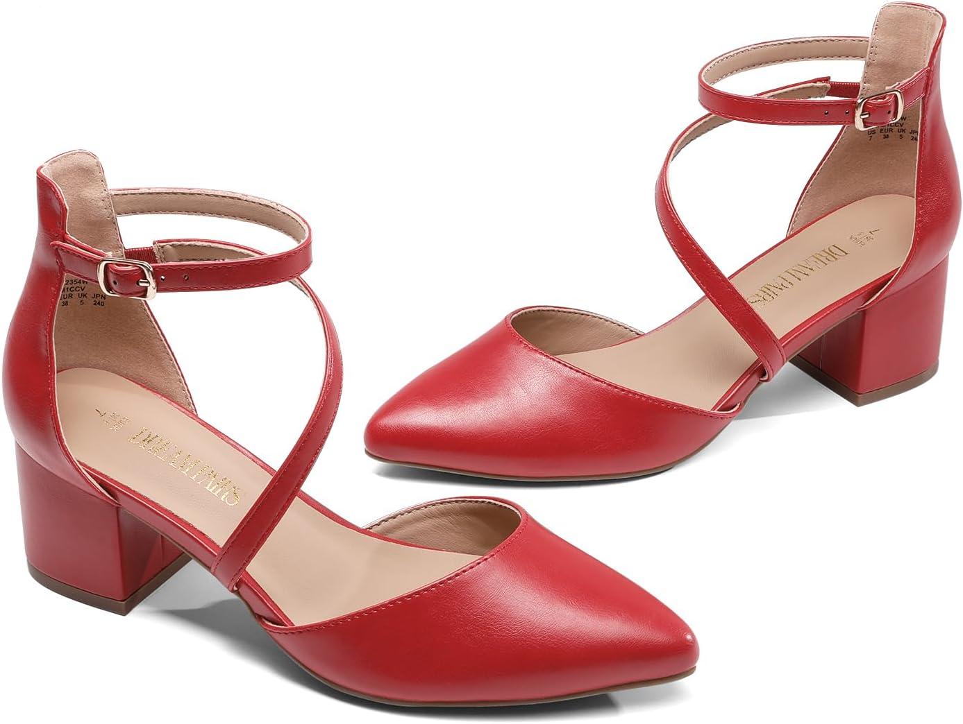 imageDREAM PAIRS Womens Closed Pointed Toe Low Chunky Heels Pumps Ankle Strap Wedding Business Dressy ShoesRedpu