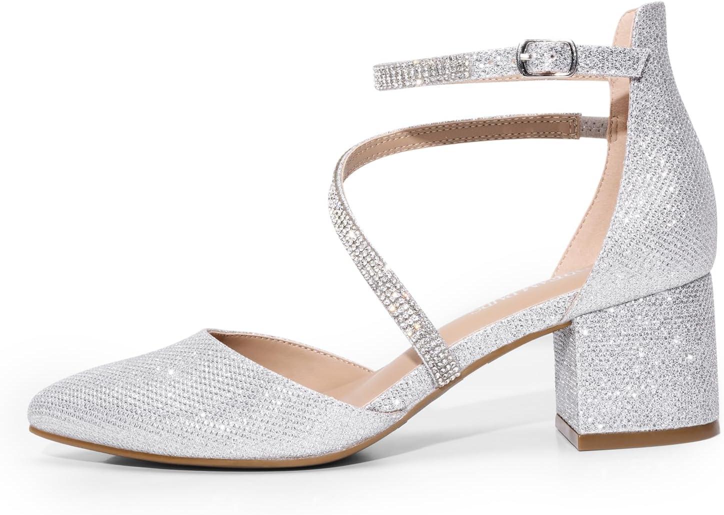 imageDREAM PAIRS Womens Closed Pointed Toe Low Chunky Heels Pumps Ankle Strap Wedding Business Dressy ShoesSilver