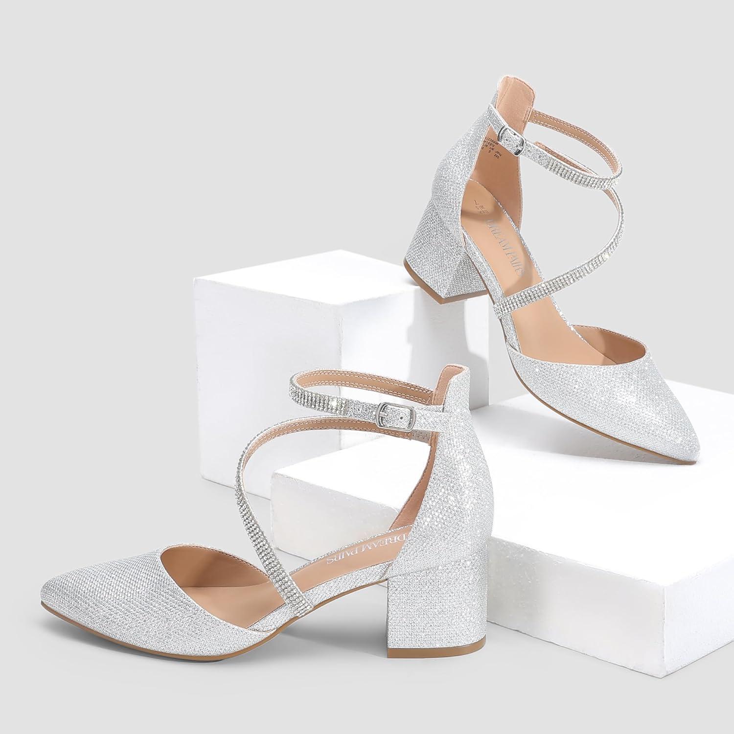 imageDREAM PAIRS Womens Closed Pointed Toe Low Chunky Heels Pumps Ankle Strap Wedding Business Dressy ShoesSilver