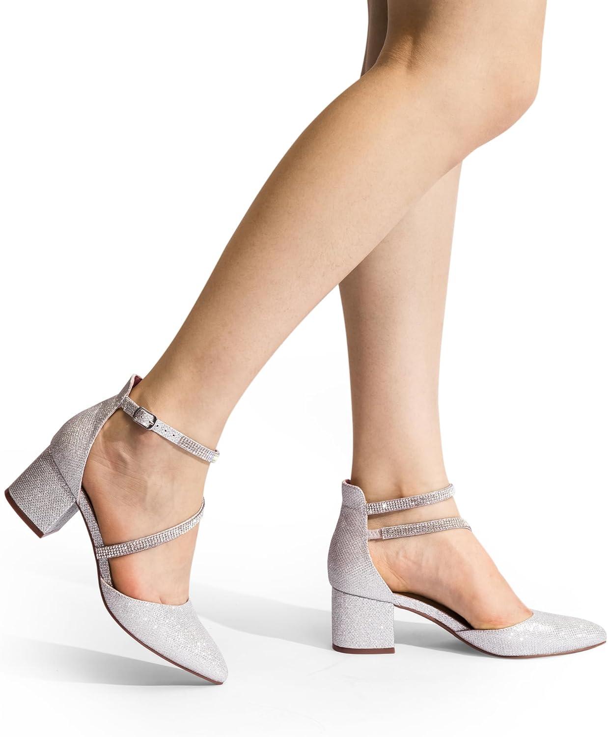 imageDREAM PAIRS Womens Closed Pointed Toe Low Chunky Heels Pumps Ankle Strap Wedding Business Dressy ShoesSilver