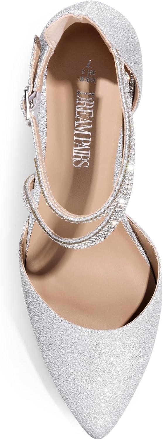 imageDREAM PAIRS Womens Closed Pointed Toe Low Chunky Heels Pumps Ankle Strap Wedding Business Dressy ShoesSilver