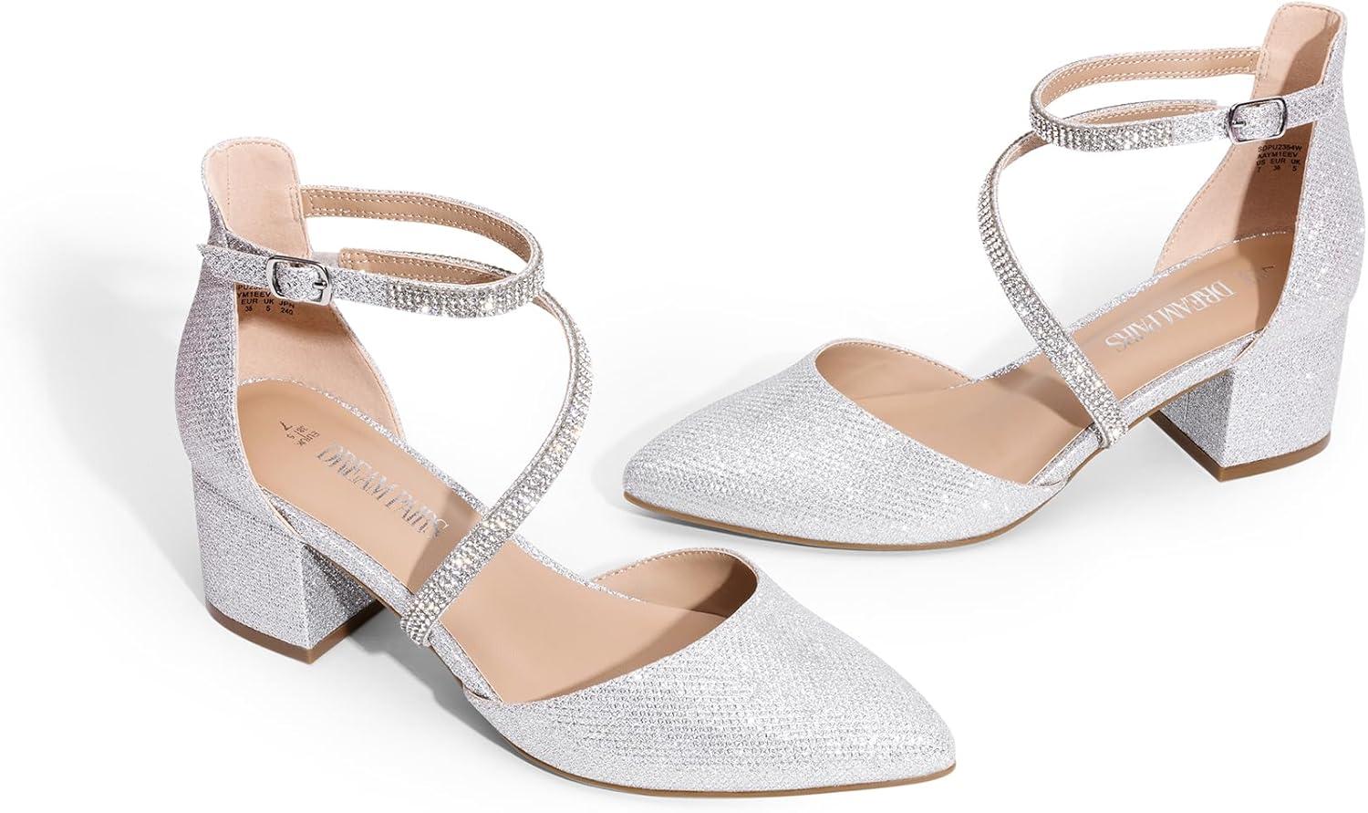 imageDREAM PAIRS Womens Closed Pointed Toe Low Chunky Heels Pumps Ankle Strap Wedding Business Dressy ShoesSilver