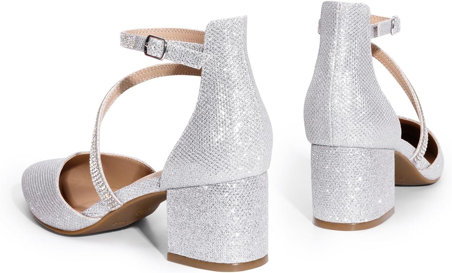 imageDREAM PAIRS Womens Closed Pointed Toe Low Chunky Heels Pumps Ankle Strap Wedding Business Dressy ShoesSilver