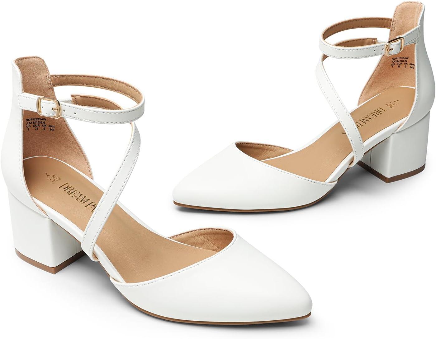 imageDREAM PAIRS Womens Closed Pointed Toe Low Chunky Heels Pumps Ankle Strap Wedding Business Dressy ShoesWhitepu