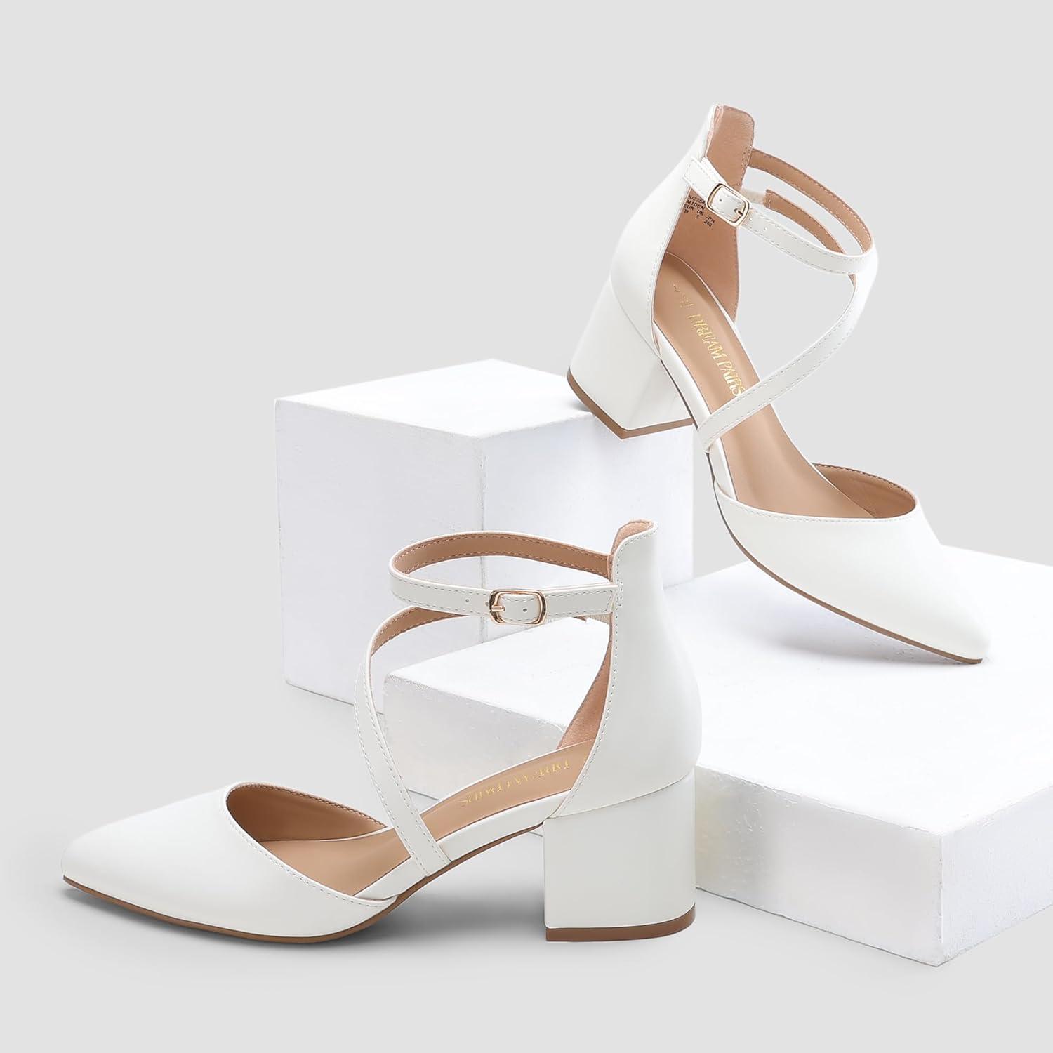 imageDREAM PAIRS Womens Closed Pointed Toe Low Chunky Heels Pumps Ankle Strap Wedding Business Dressy ShoesWhitepu