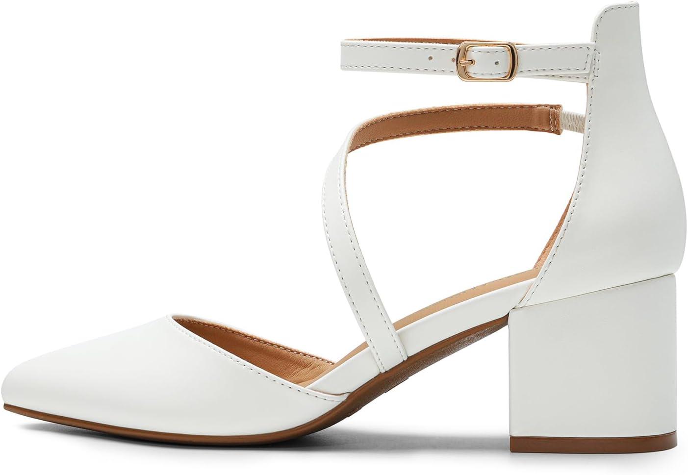 imageDREAM PAIRS Womens Closed Pointed Toe Low Chunky Heels Pumps Ankle Strap Wedding Business Dressy ShoesWhitepu