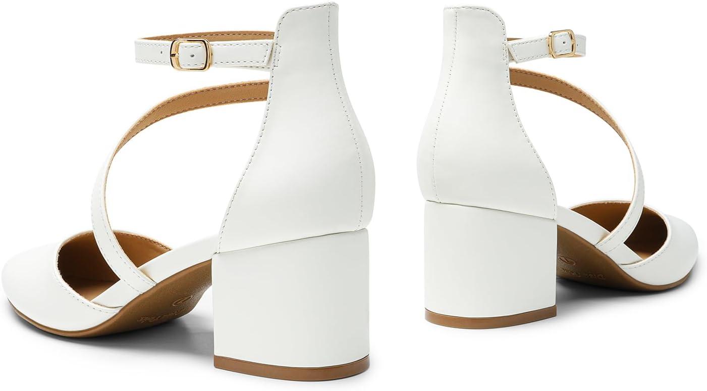 imageDREAM PAIRS Womens Closed Pointed Toe Low Chunky Heels Pumps Ankle Strap Wedding Business Dressy ShoesWhitepu