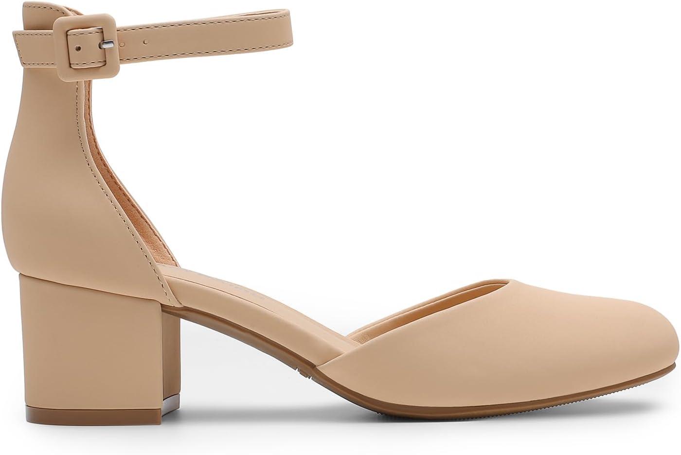 imageDREAM PAIRS Womens Closed Round Toe Low Block Heels Ankle Strap Chunky Heel Pumps Dress Wedding Office Party ShoesNude