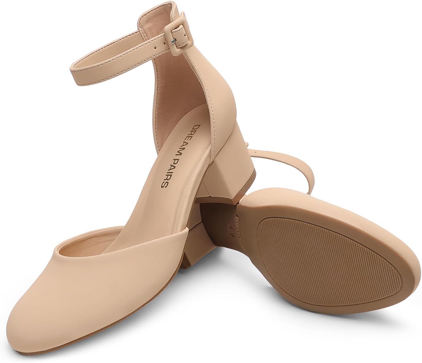 imageDREAM PAIRS Womens Closed Round Toe Low Block Heels Ankle Strap Chunky Heel Pumps Dress Wedding Office Party ShoesNude