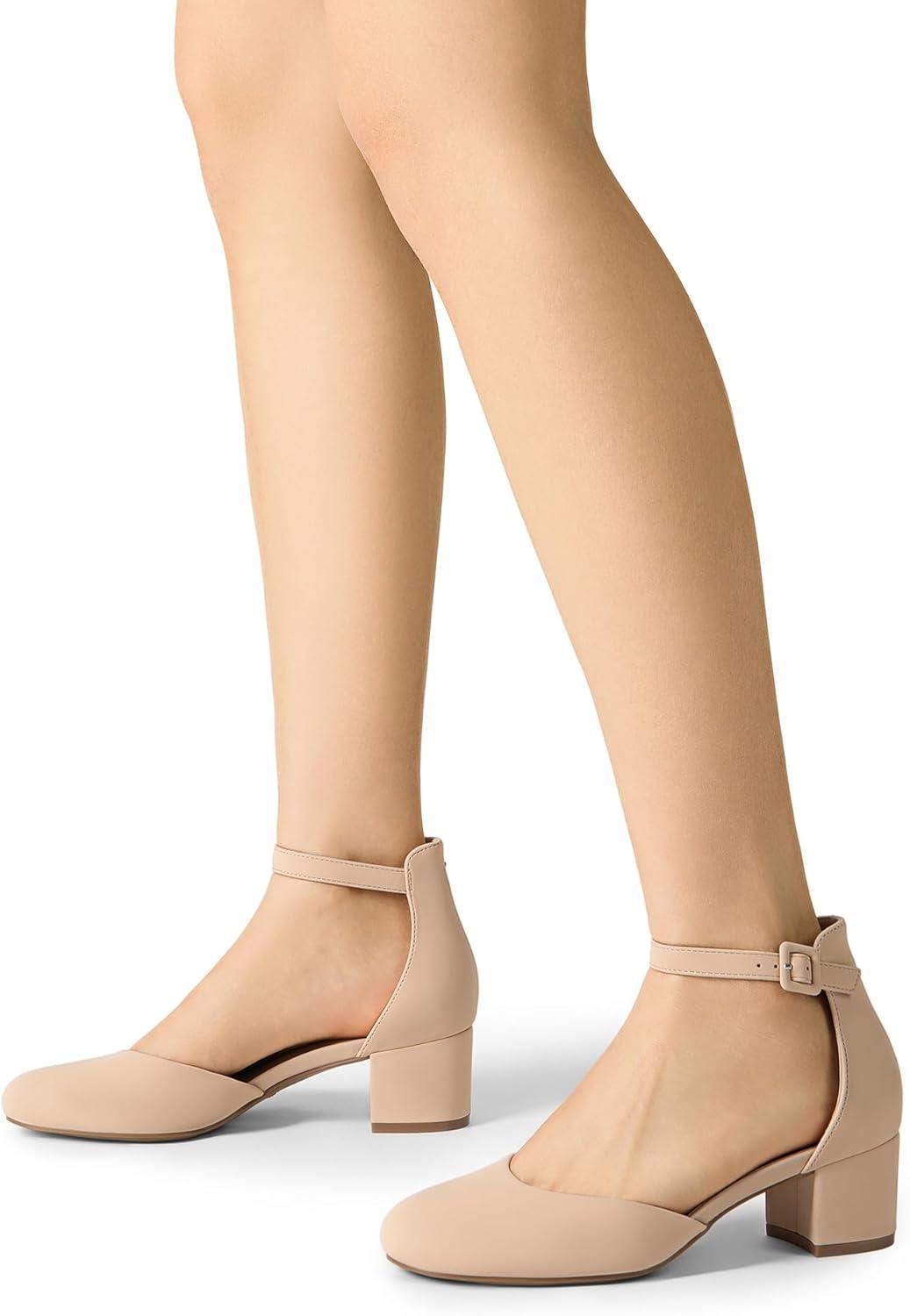 imageDREAM PAIRS Womens Closed Round Toe Low Block Heels Ankle Strap Chunky Heel Pumps Dress Wedding Office Party ShoesNude