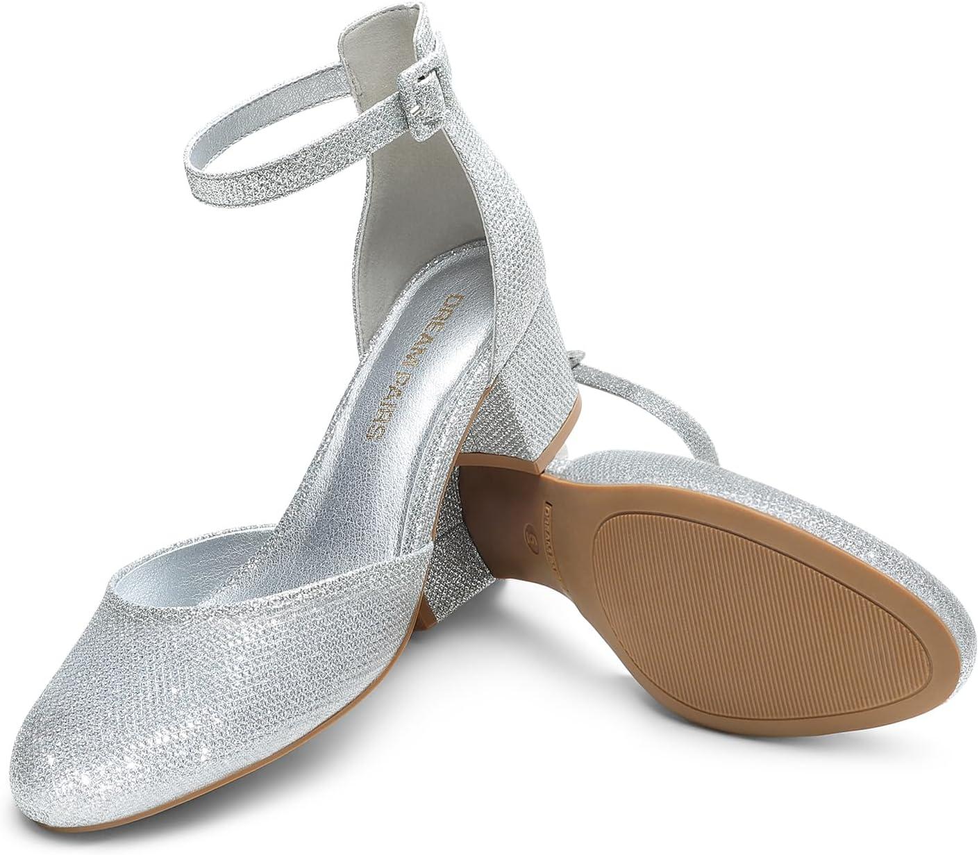 imageDREAM PAIRS Womens Closed Round Toe Low Block Heels Ankle Strap Chunky Heel Pumps Dress Wedding Office Party ShoesSilver