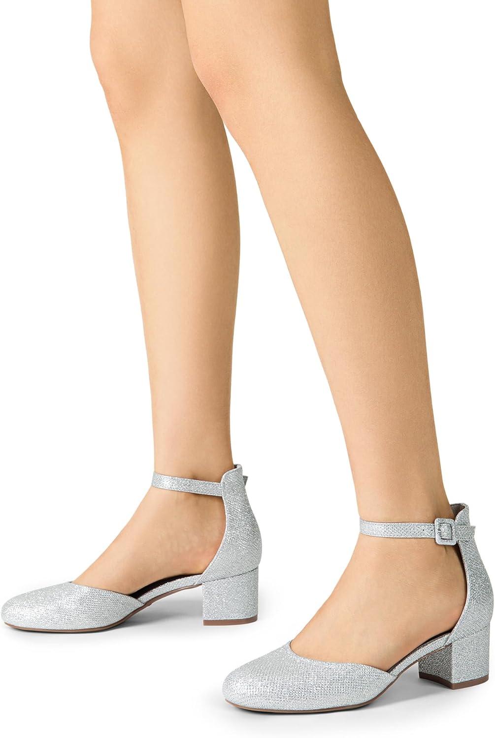 imageDREAM PAIRS Womens Closed Round Toe Low Block Heels Ankle Strap Chunky Heel Pumps Dress Wedding Office Party ShoesSilver