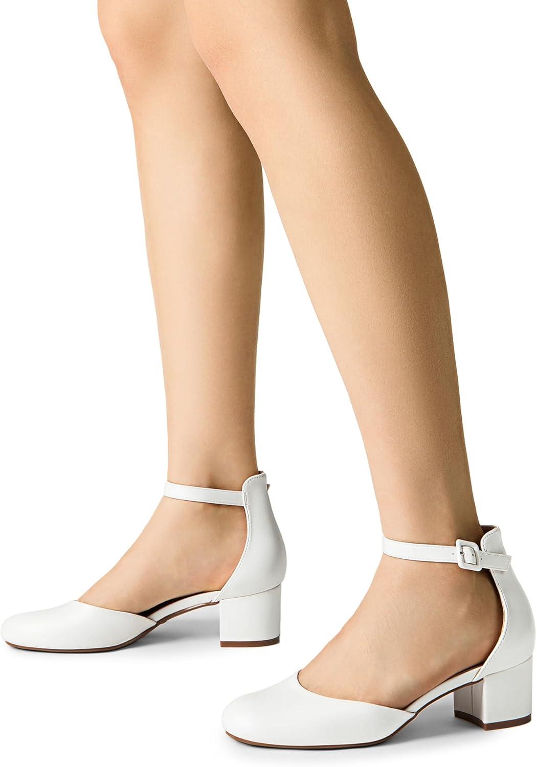 imageDREAM PAIRS Womens Closed Round Toe Low Block Heels Ankle Strap Chunky Heel Pumps Dress Wedding Office Party ShoesWhite