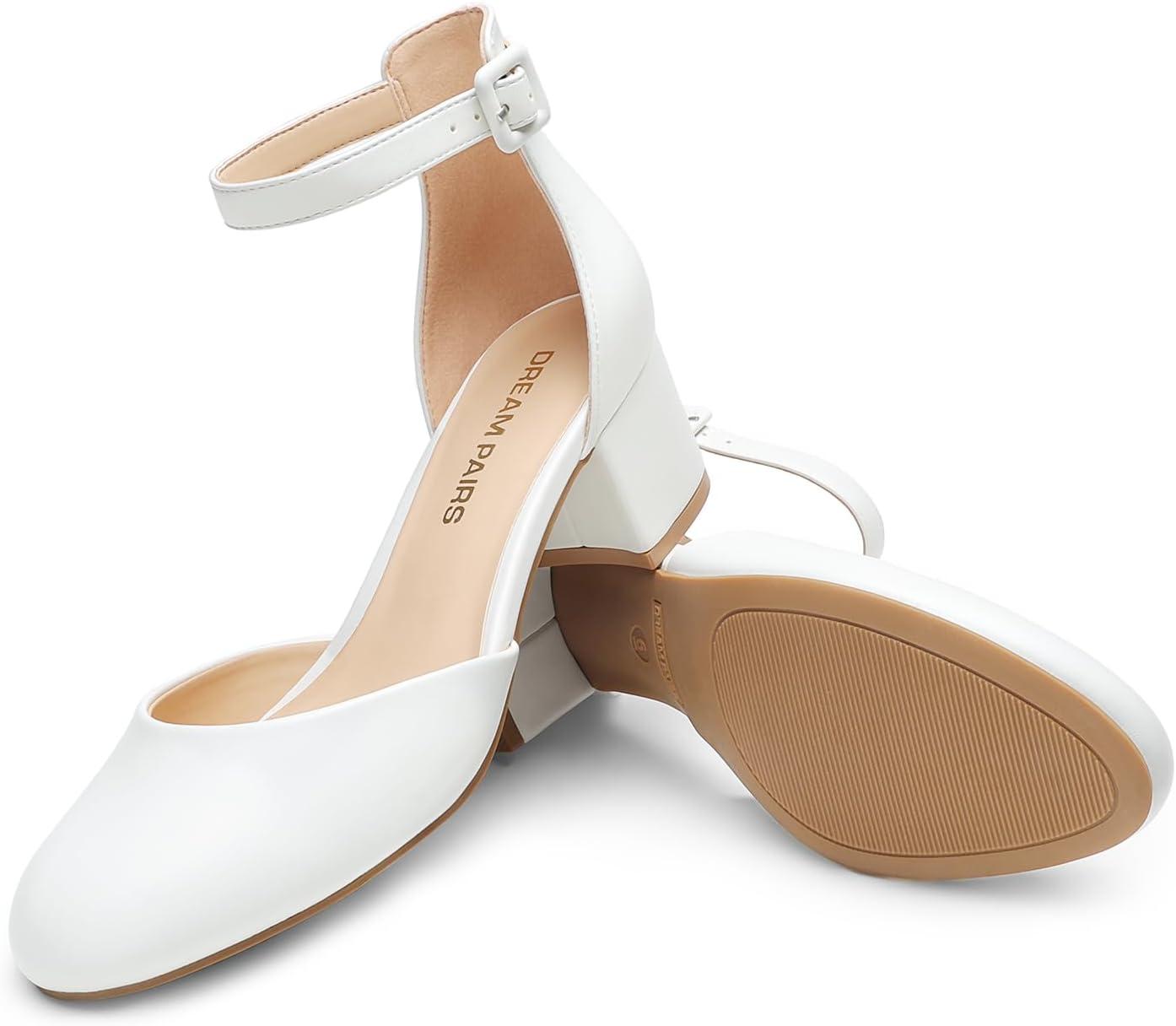imageDREAM PAIRS Womens Closed Round Toe Low Block Heels Ankle Strap Chunky Heel Pumps Dress Wedding Office Party ShoesWhite
