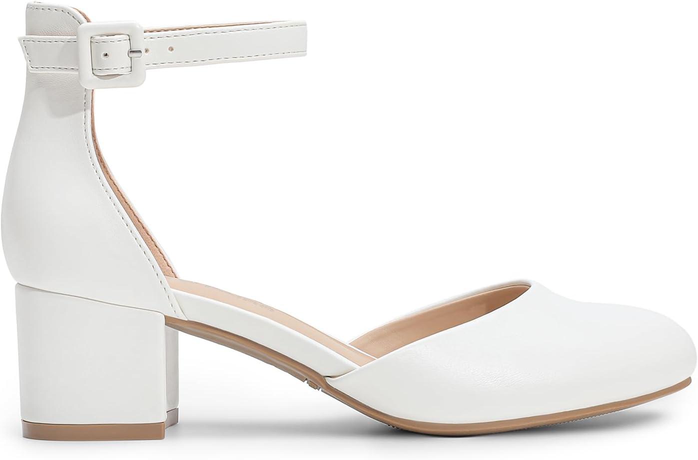 imageDREAM PAIRS Womens Closed Round Toe Low Block Heels Ankle Strap Chunky Heel Pumps Dress Wedding Office Party ShoesWhite