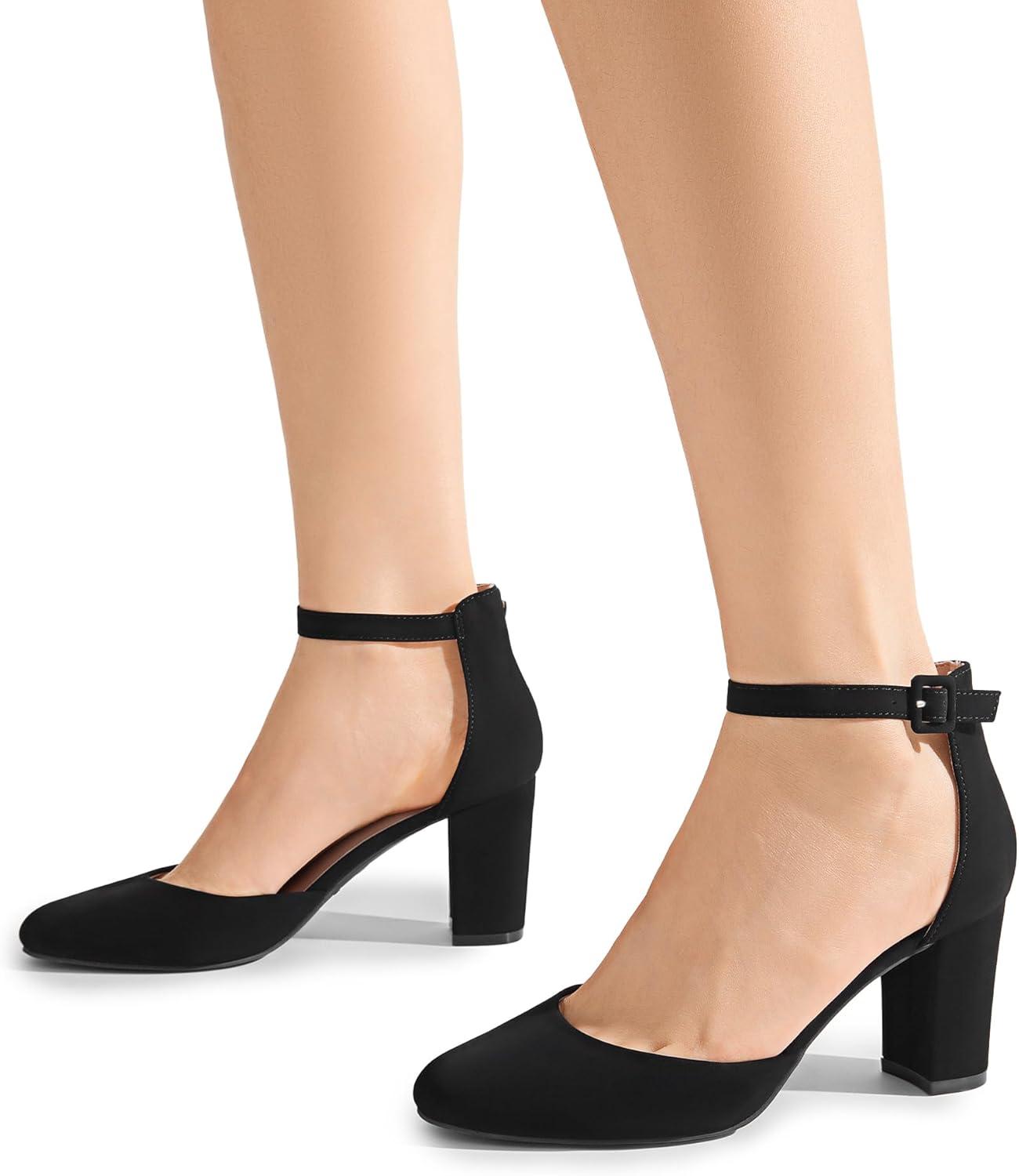 imageDREAM PAIRS Womens Closed Toe Chunky Heels Ankle Strap Low Block Heels Round Toe Dress Bridal Wedding Pumps ShoesBlacknubuck