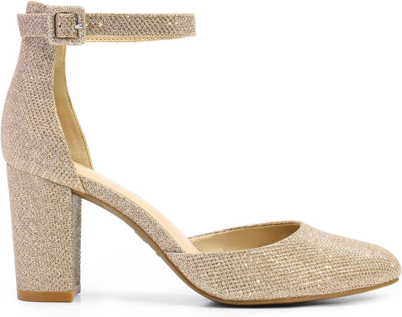 imageDREAM PAIRS Womens Closed Toe Chunky Heels Ankle Strap Low Block Heels Round Toe Dress Bridal Wedding Pumps ShoesGoldglitter