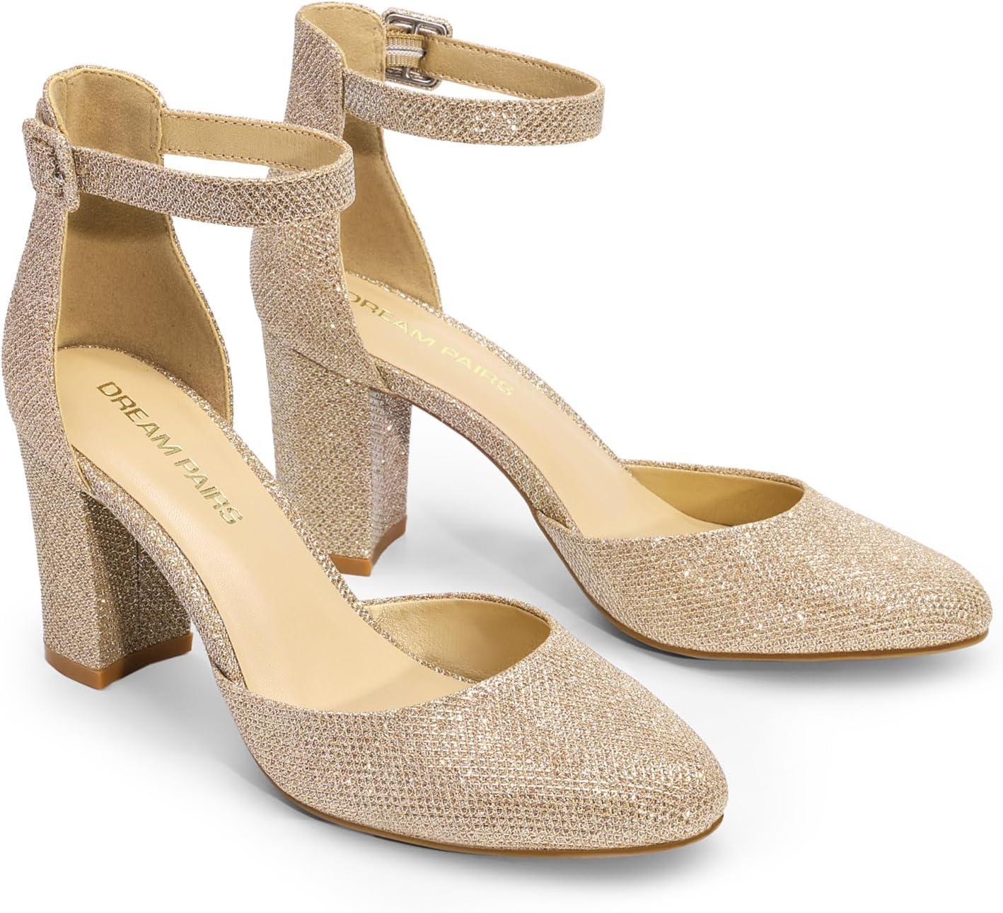 imageDREAM PAIRS Womens Closed Toe Chunky Heels Ankle Strap Low Block Heels Round Toe Dress Bridal Wedding Pumps ShoesGoldglitter