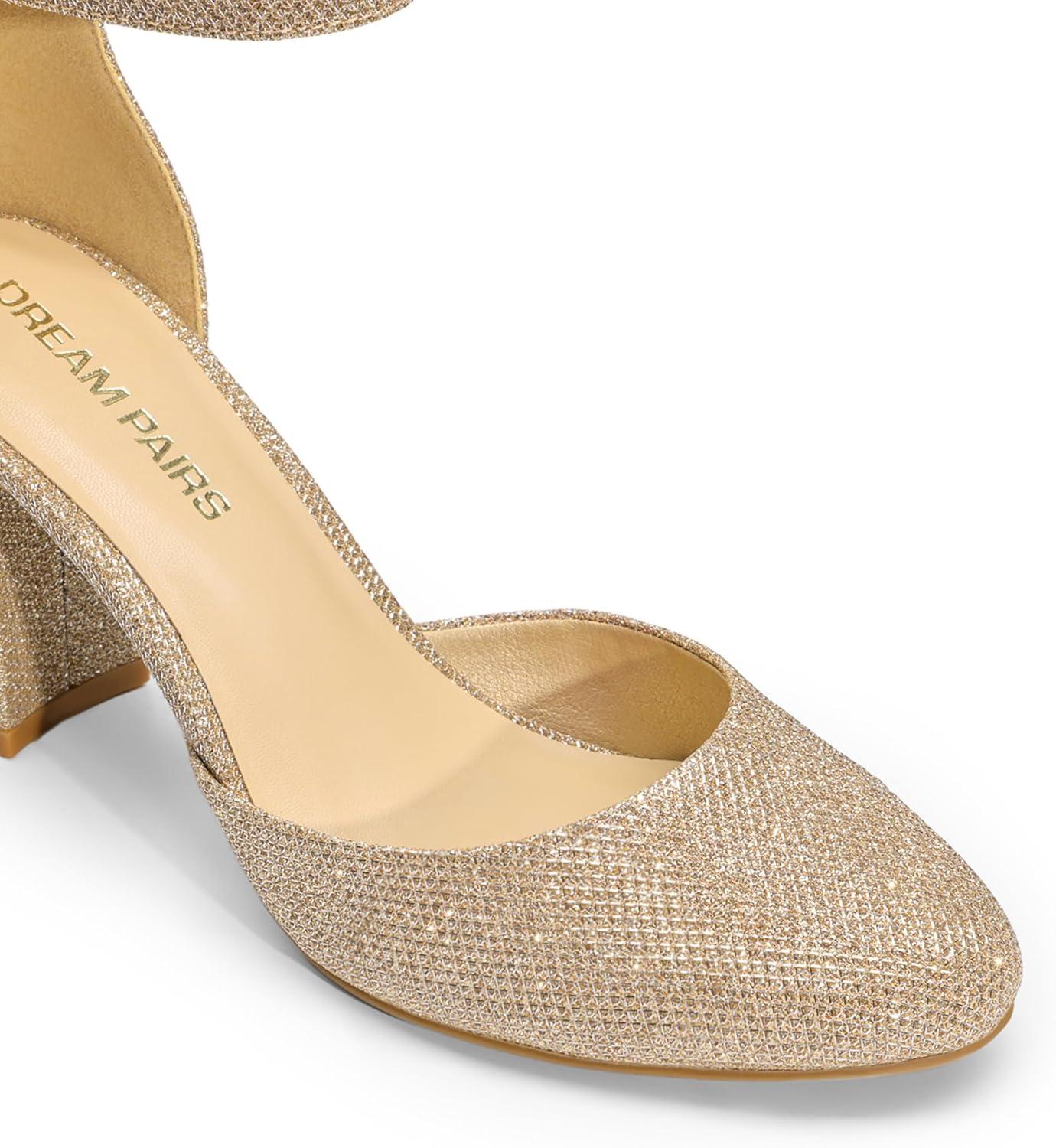 imageDREAM PAIRS Womens Closed Toe Chunky Heels Ankle Strap Low Block Heels Round Toe Dress Bridal Wedding Pumps ShoesGoldglitter