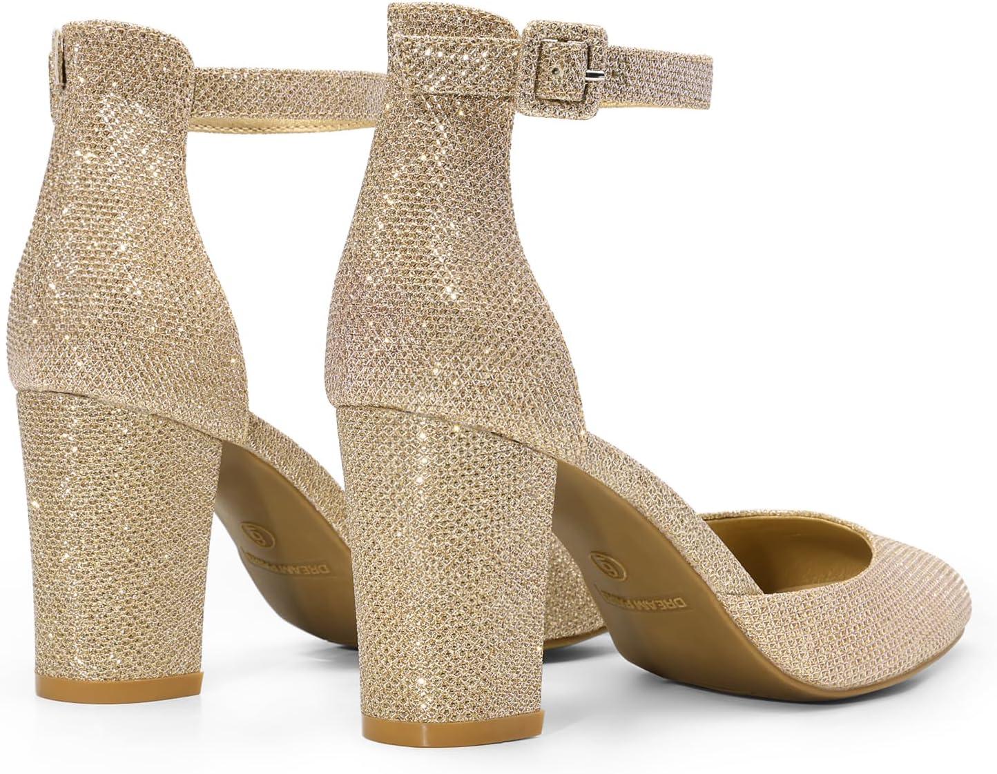 imageDREAM PAIRS Womens Closed Toe Chunky Heels Ankle Strap Low Block Heels Round Toe Dress Bridal Wedding Pumps ShoesGoldglitter
