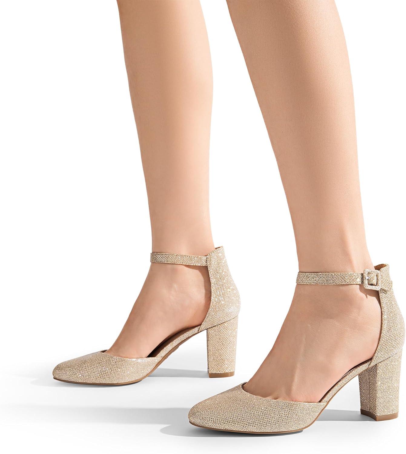 imageDREAM PAIRS Womens Closed Toe Chunky Heels Ankle Strap Low Block Heels Round Toe Dress Bridal Wedding Pumps ShoesGoldglitter