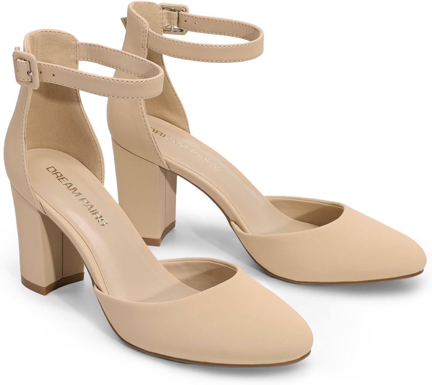 imageDREAM PAIRS Womens Closed Toe Chunky Heels Ankle Strap Low Block Heels Round Toe Dress Bridal Wedding Pumps ShoesNudenubuck