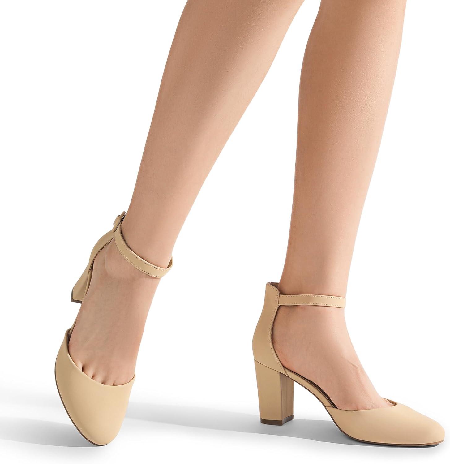 imageDREAM PAIRS Womens Closed Toe Chunky Heels Ankle Strap Low Block Heels Round Toe Dress Bridal Wedding Pumps ShoesNudenubuck