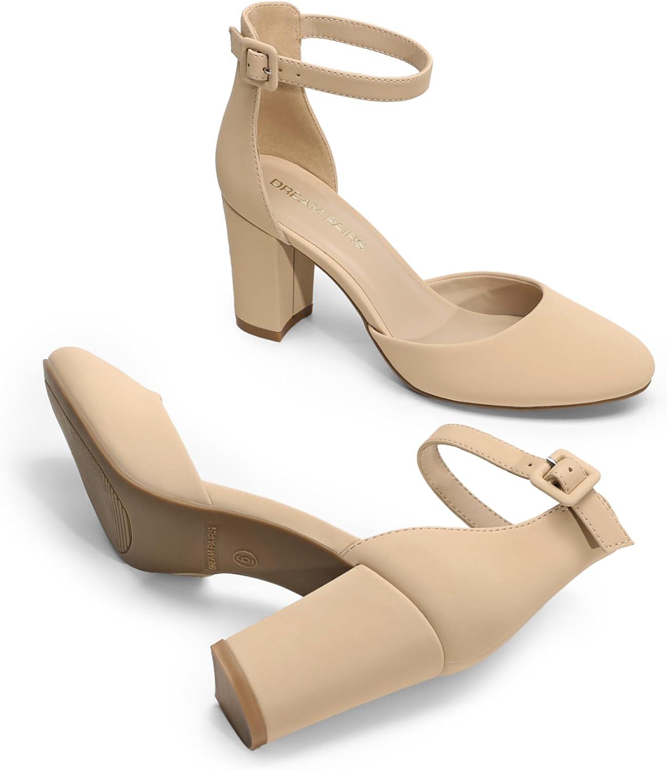 imageDREAM PAIRS Womens Closed Toe Chunky Heels Ankle Strap Low Block Heels Round Toe Dress Bridal Wedding Pumps ShoesNudenubuck