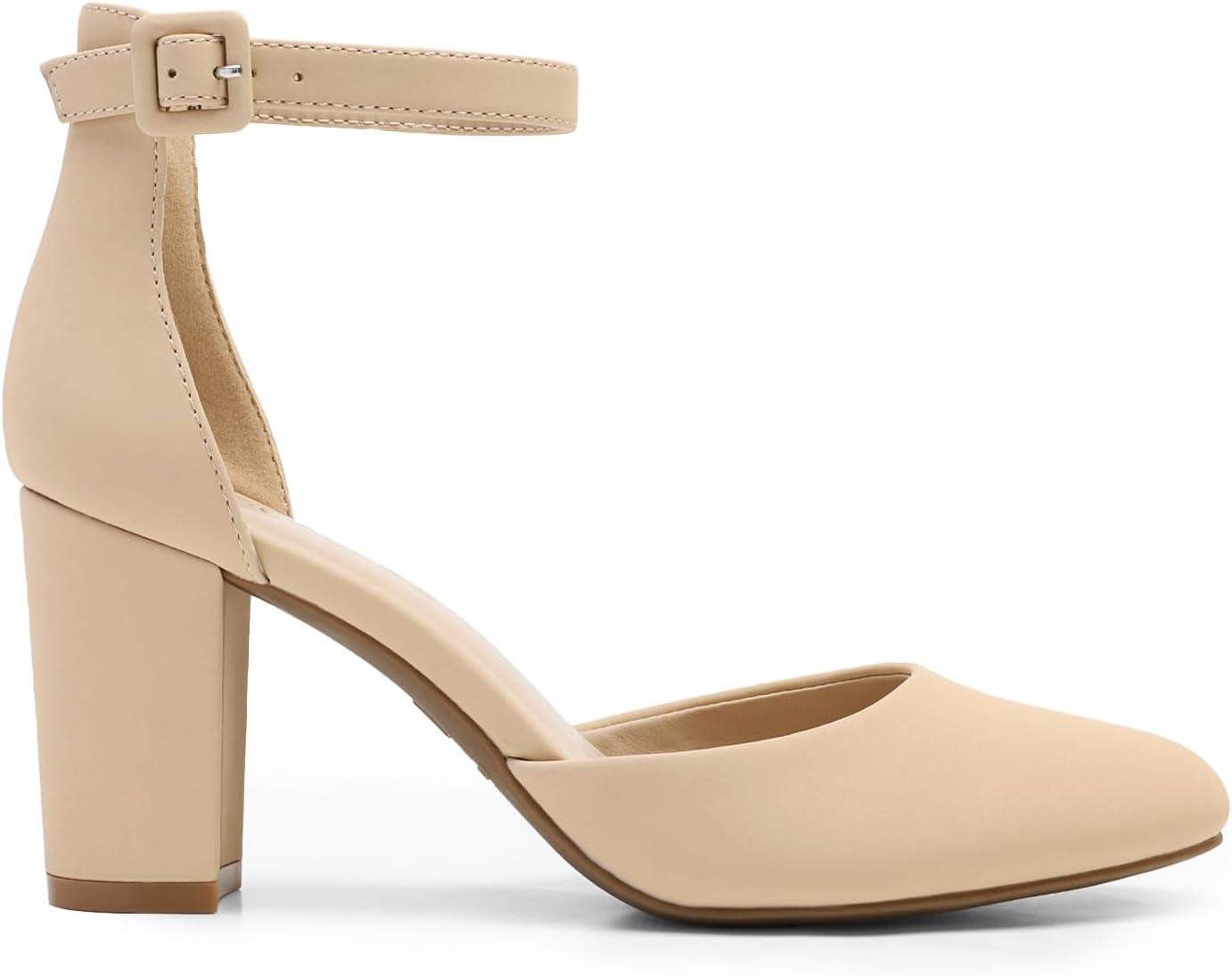 imageDREAM PAIRS Womens Closed Toe Chunky Heels Ankle Strap Low Block Heels Round Toe Dress Bridal Wedding Pumps ShoesNudenubuck