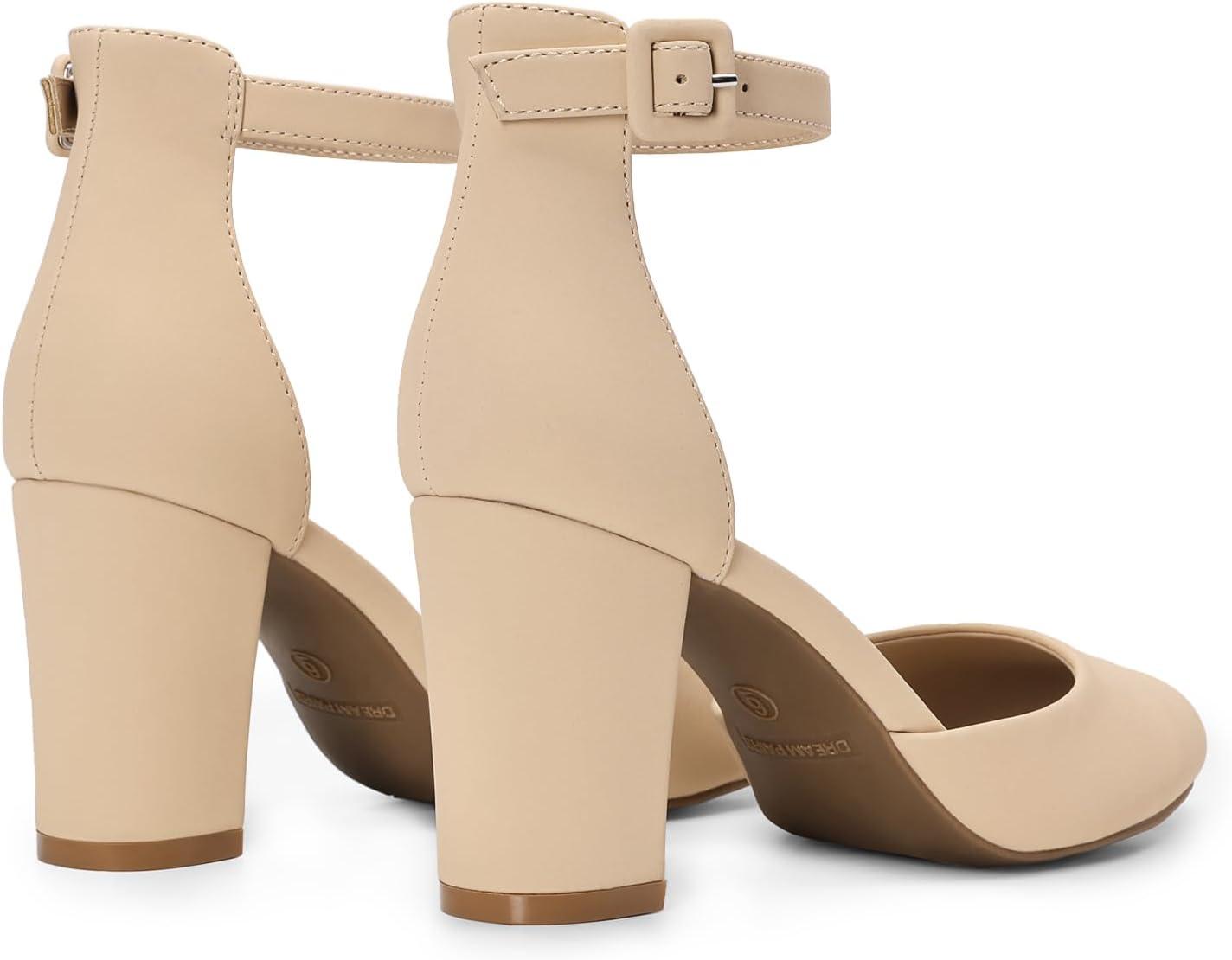 imageDREAM PAIRS Womens Closed Toe Chunky Heels Ankle Strap Low Block Heels Round Toe Dress Bridal Wedding Pumps ShoesNudenubuck