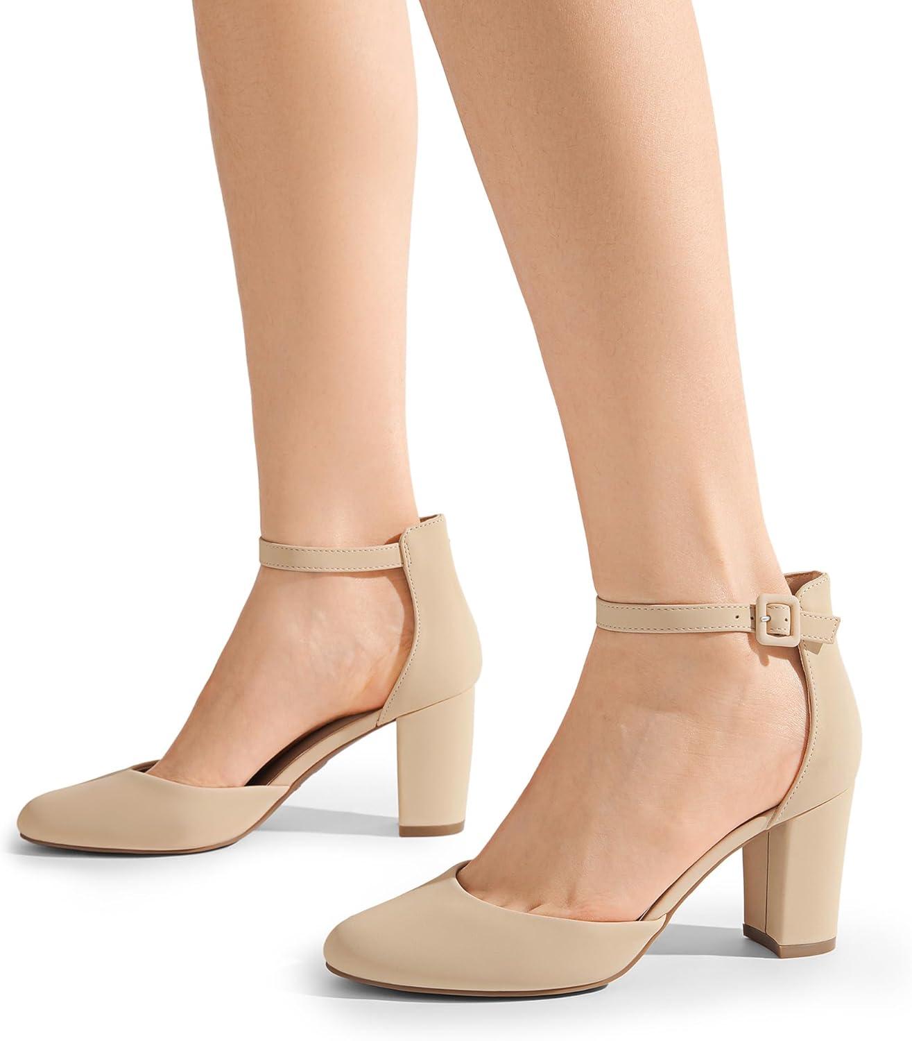 imageDREAM PAIRS Womens Closed Toe Chunky Heels Ankle Strap Low Block Heels Round Toe Dress Bridal Wedding Pumps ShoesNudenubuck