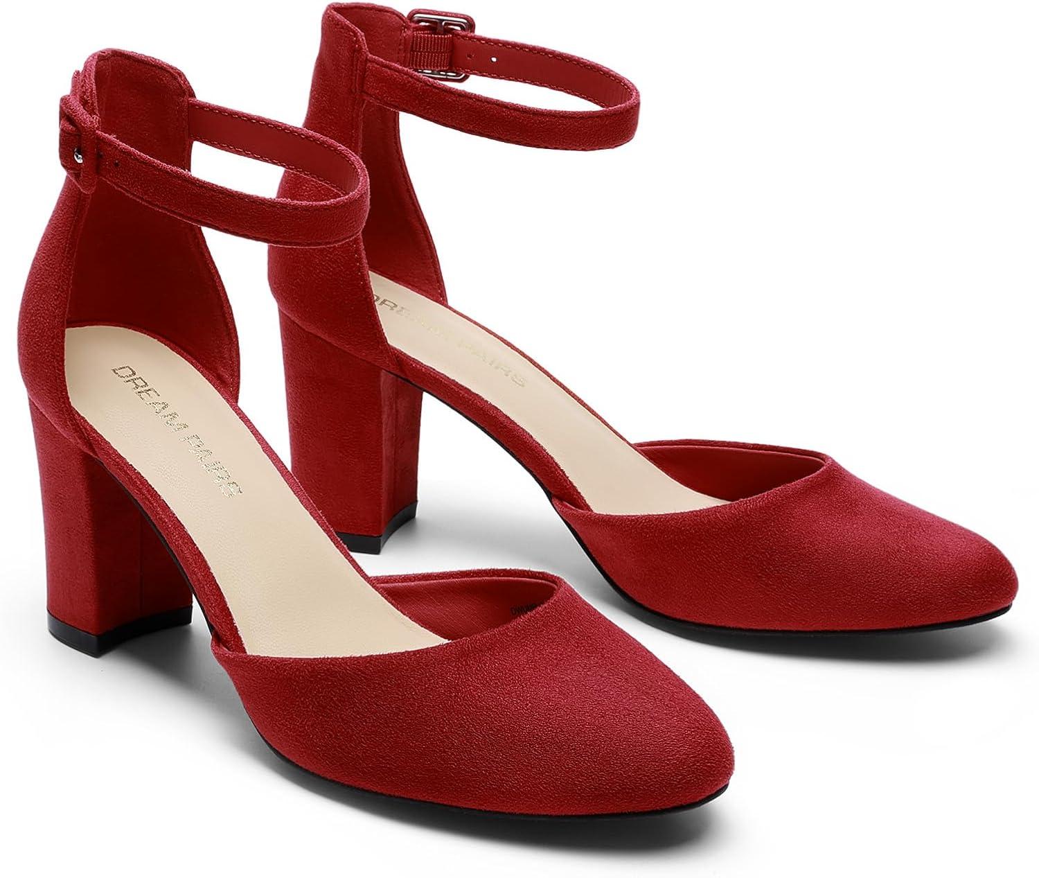 imageDREAM PAIRS Womens Closed Toe Chunky Heels Ankle Strap Low Block Heels Round Toe Dress Bridal Wedding Pumps ShoesRed