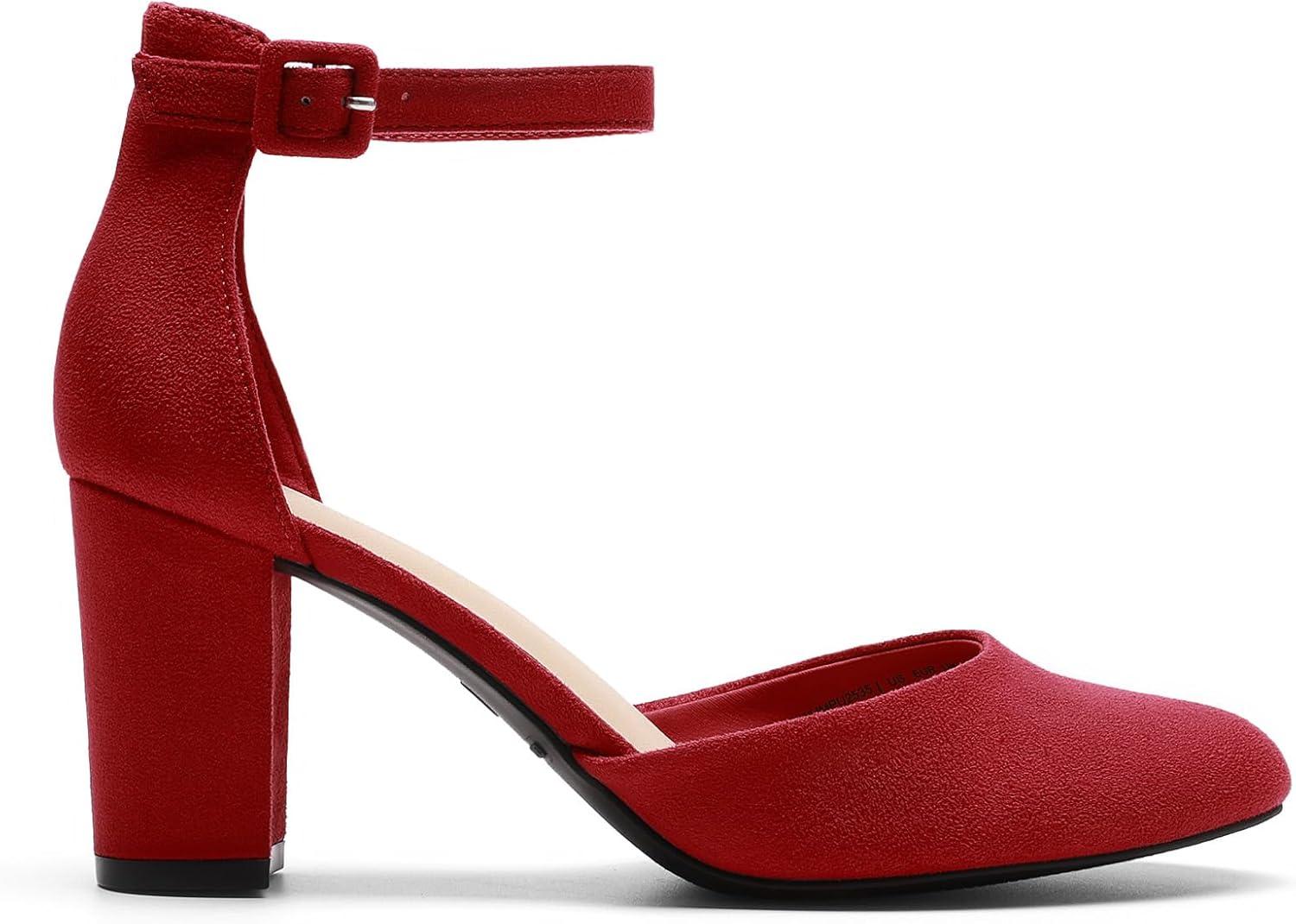 imageDREAM PAIRS Womens Closed Toe Chunky Heels Ankle Strap Low Block Heels Round Toe Dress Bridal Wedding Pumps ShoesRed