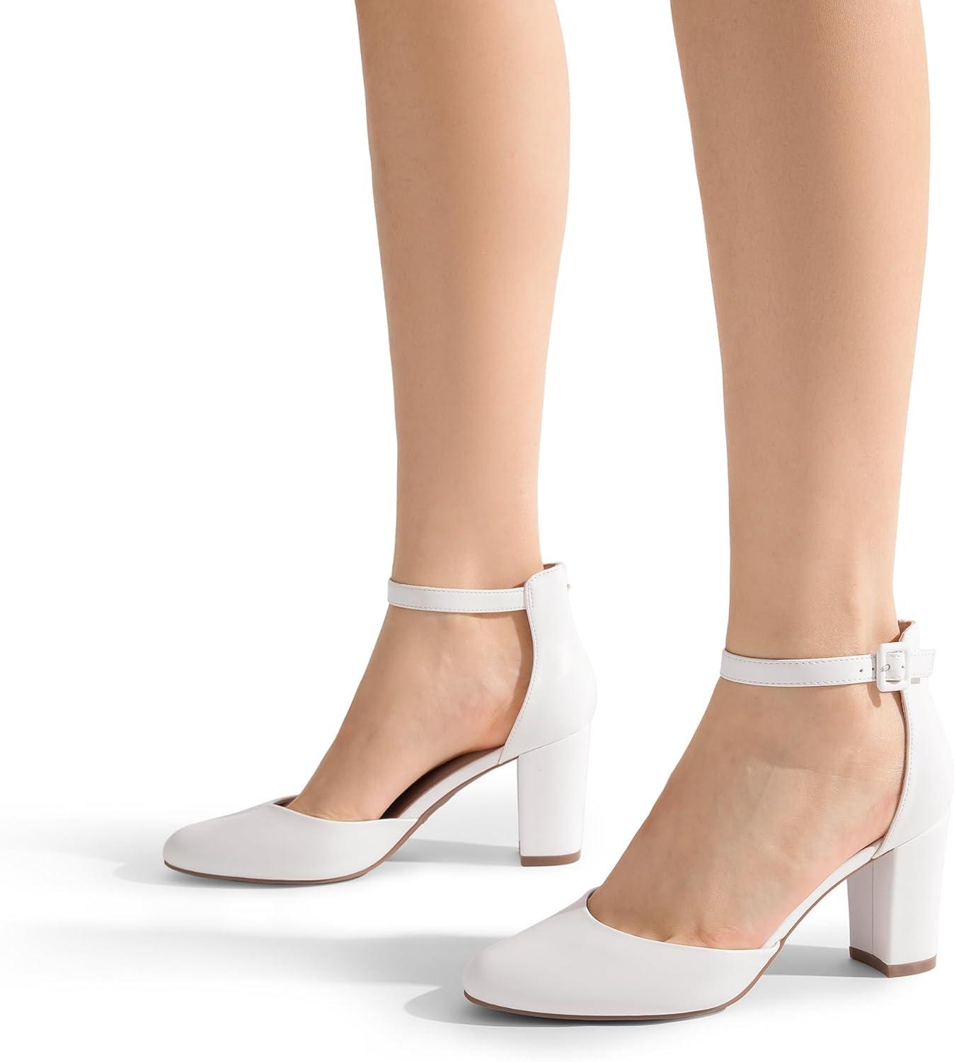 imageDREAM PAIRS Womens Closed Toe Chunky Heels Ankle Strap Low Block Heels Round Toe Dress Bridal Wedding Pumps ShoesWhitepu