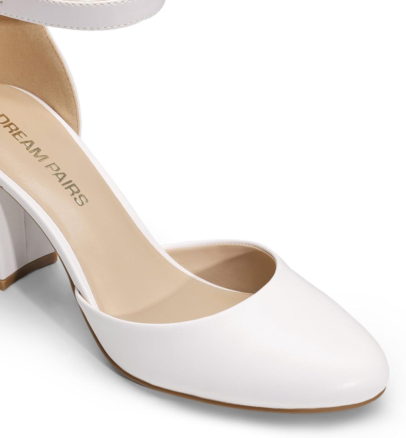imageDREAM PAIRS Womens Closed Toe Chunky Heels Ankle Strap Low Block Heels Round Toe Dress Bridal Wedding Pumps ShoesWhitepu