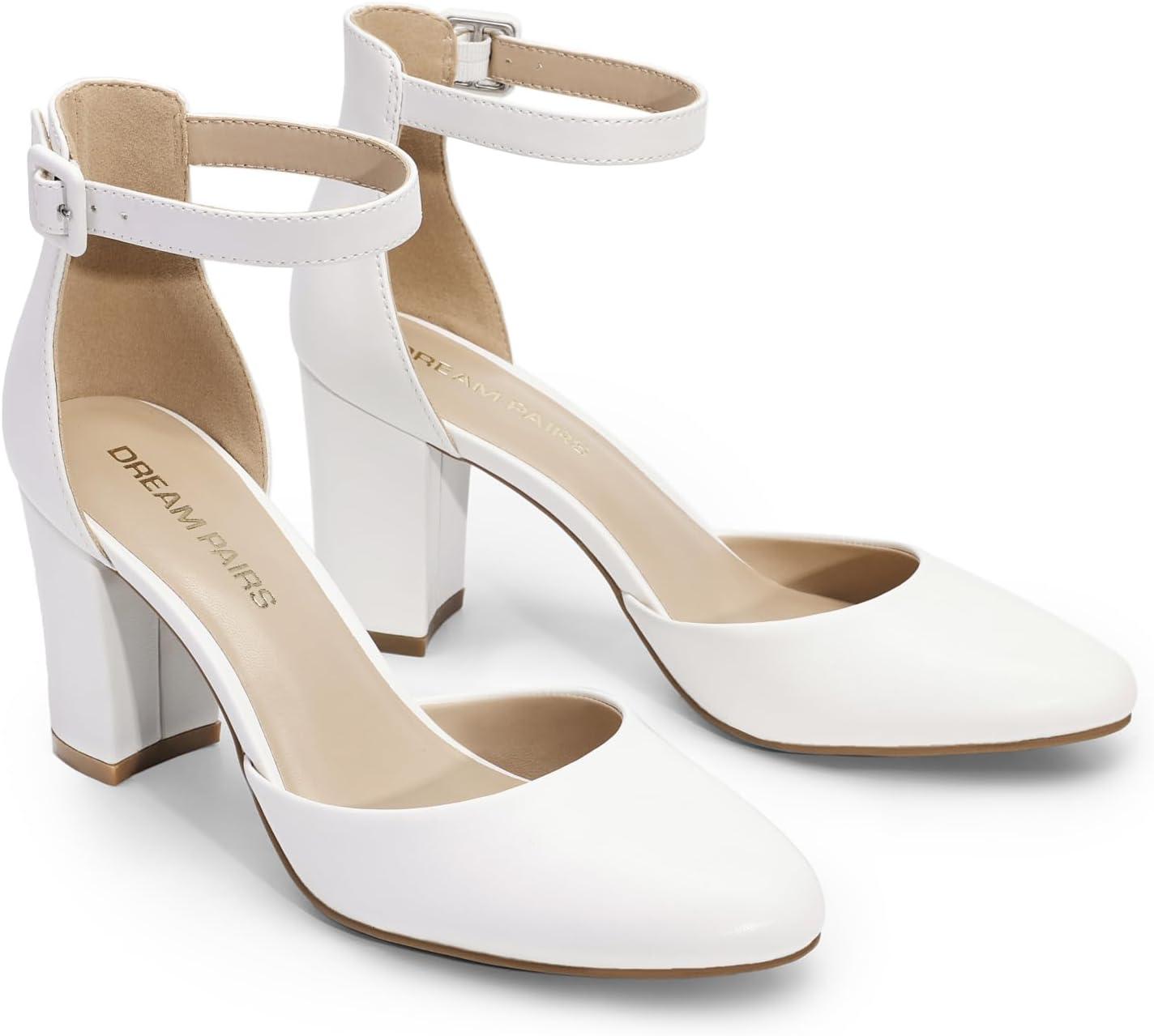 imageDREAM PAIRS Womens Closed Toe Chunky Heels Ankle Strap Low Block Heels Round Toe Dress Bridal Wedding Pumps ShoesWhitepu